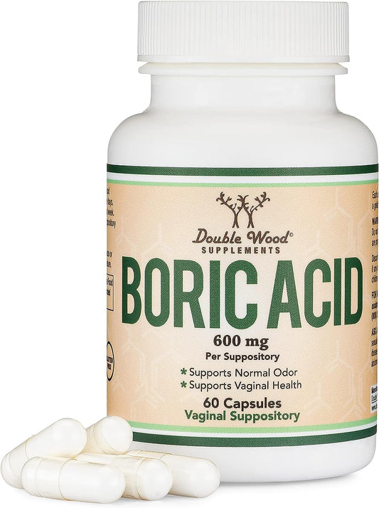 Boric Acid Suppositories (600mg Vaginal Suppository, 60 Count) Supports Vaginal pH Balance, Odor Control (USP Medical Grade, Made in The USA) by Double Wood Supplements