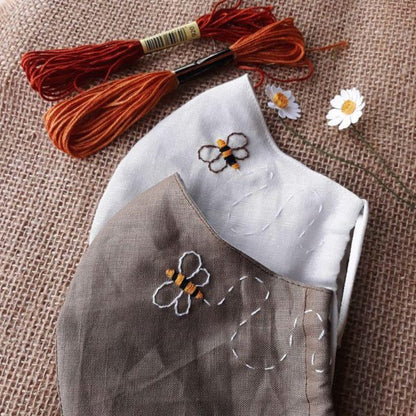 Honey Bee Hand Embroidery Linen Face Mask