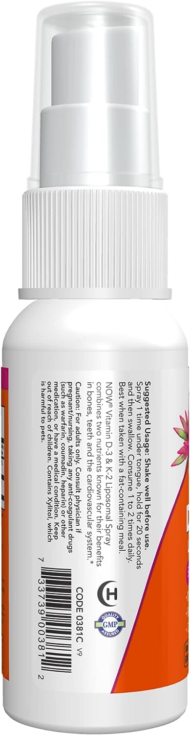 NOW Supplements, Vitamin D-3 & K-2 Liposomal Spray 1,000 IU/100 mcg, Supports Bone Health*, 2-Ounce
