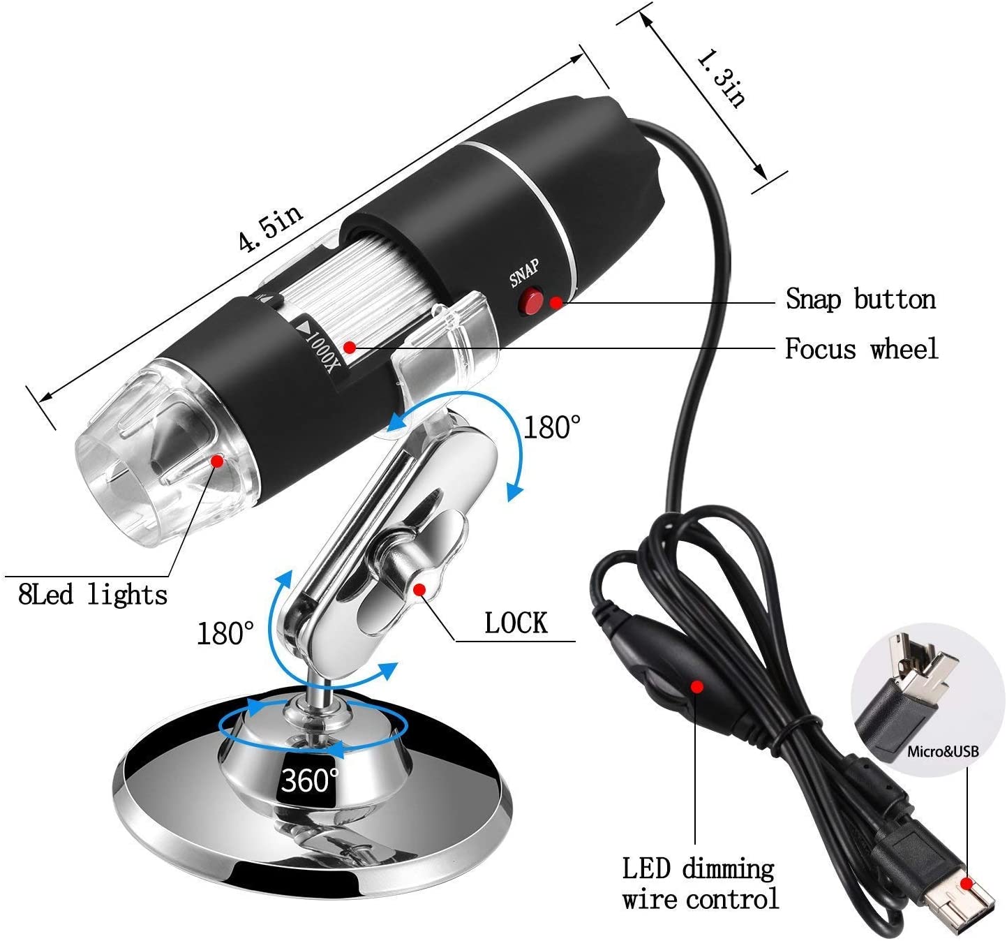 Jiusion 40 to 1000x Magnification Endoscope, 8 LED USB 2.0 Digital Microscope, Mini Camera with OTG Adapter and Metal Stand, Compatible with Mac Windows 7 8 10 11 Android Linux