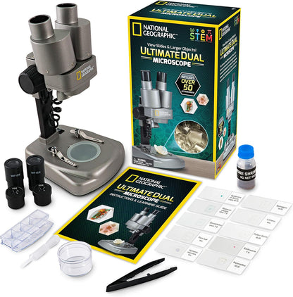 NATIONAL GEOGRAPHIC Dual LED Student Microscope – 50+ pc Science Kit Includes Set of 10 Prepared Biological & 10 Blank Slides, Lab Shrimp Experiment, 10x-25x Optical Glass Lenses and more! (Silver)
