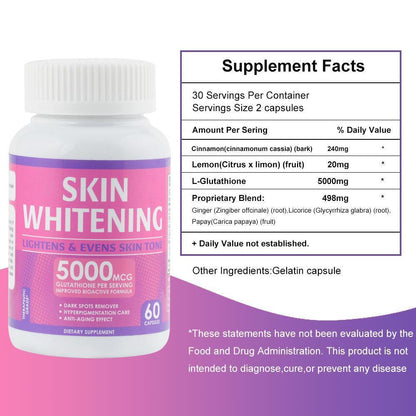 Skin whitening brightens and evens skin tone 5000mcg 60 Capsules for Enchance Immune System Glutathione Whitening Pills